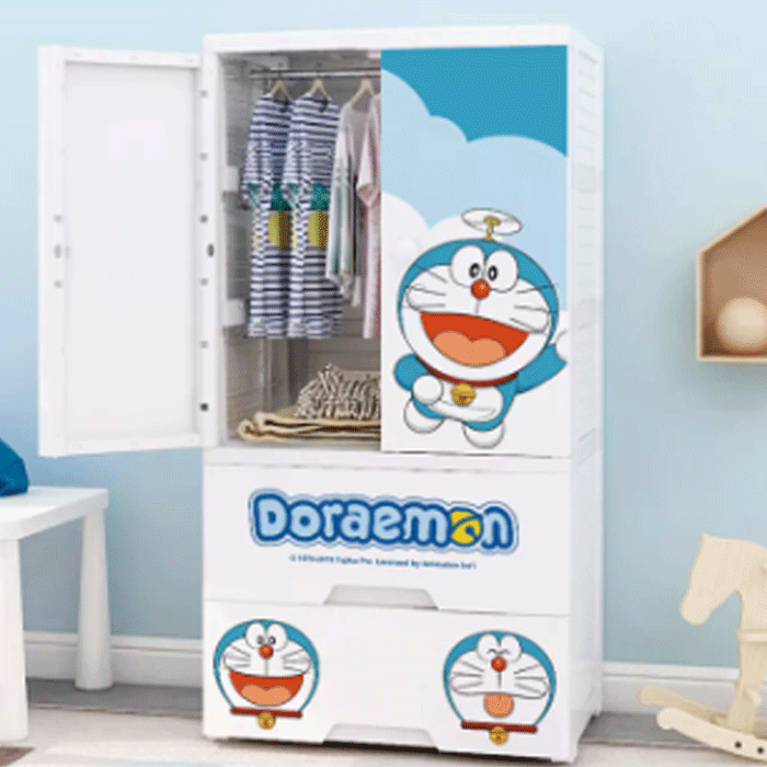 Doremon Bedroom Double Door Style Plastic Clothes Cupboard Wardrobe For Baby