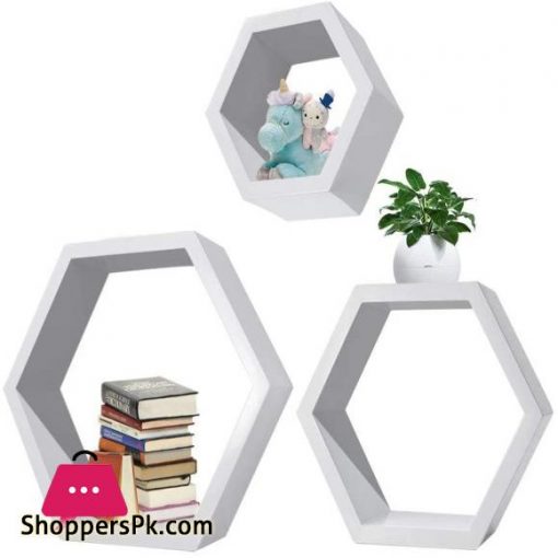 Hexagonal Shelves 3Pcs Wall Mounted Shelf Floating Shelves Wood Storage Rack Display for Home Bedroom Kids Room Decor White