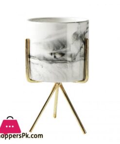 2Pcs Nordic Home Minimalist Style Marble Vase Wrought Iron Tabletop Succulent Flower Pot Gold White Ceramic L S