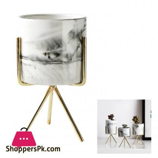 2Pcs Nordic Home Minimalist Style Marble Vase Wrought Iron Tabletop Succulent Flower Pot Gold White Ceramic L S
