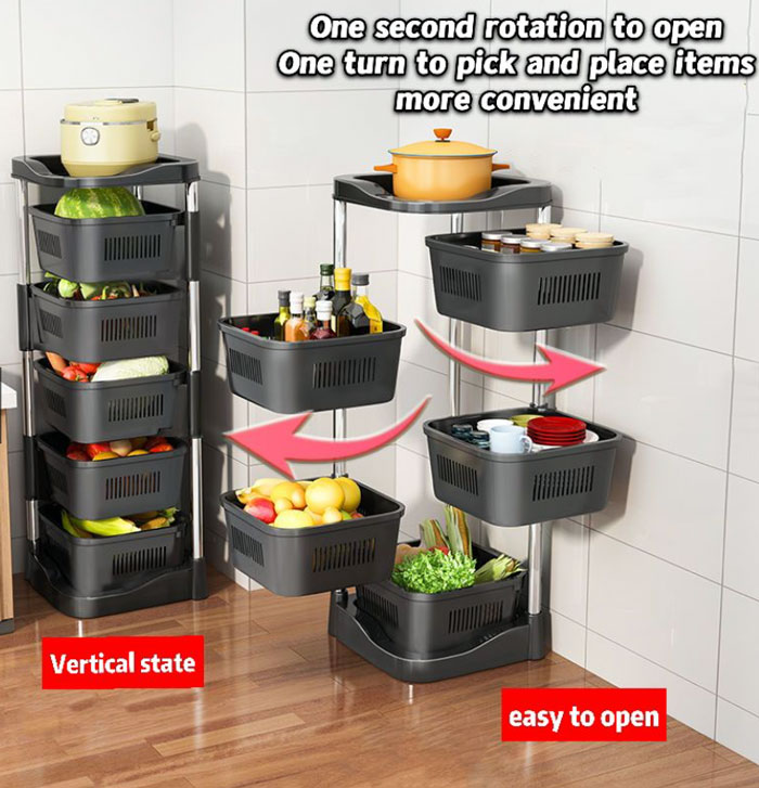 Stainless Steel With Plastic Rotating Rack Vegetable Basket Kitchen Organizer Storage Rack