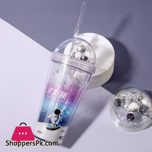 420ML Double Straw Cup Creative Gift Astronaut Plastic Cup Children Cute Colorful Water Cup Coffee Milk Cup Roaming Space Style