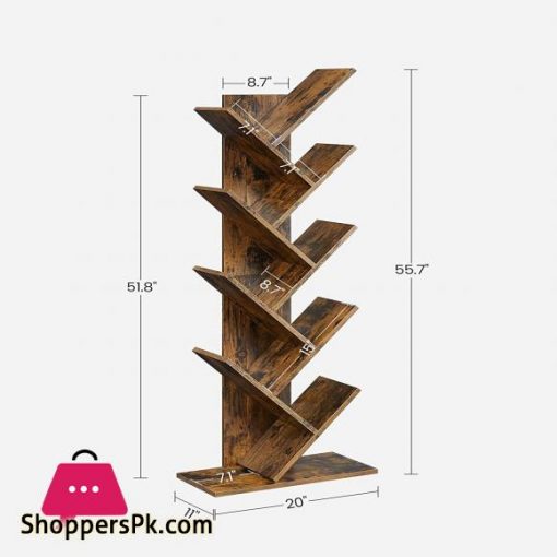 VASAGLE Tree Bookshelf 8 Tier Floor Standing Bookcase with Wooden Shelves for Living Room Home Office Rustic Brown ULBC11BX