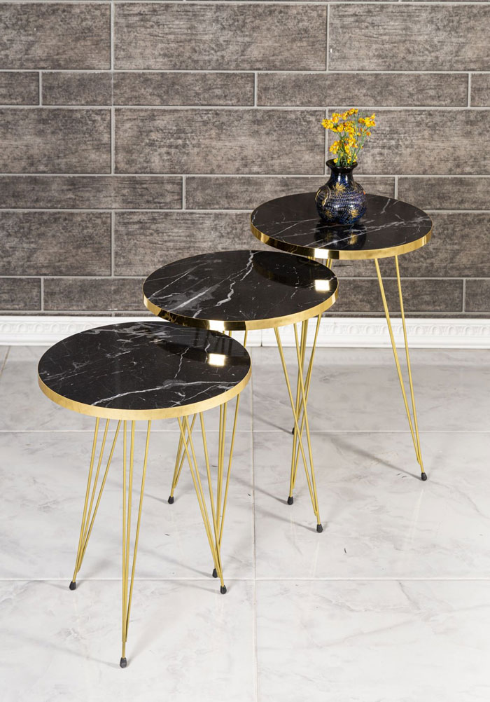 3 Pieces Table Set Top Marble Sheet With 3 Stylish Gold Legs Coffee Table