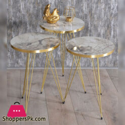 3 Pieces Table Set Top Marble Sheet With 3 Stylish  Gold Legs Coffee Table