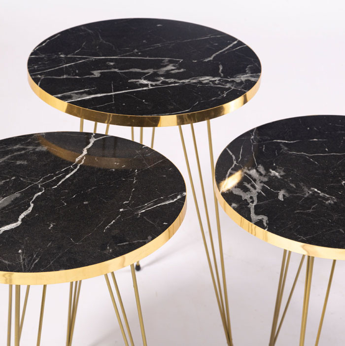 3 Pieces Table Set Top Marble Sheet With 3 Stylish Gold Legs Coffee Table