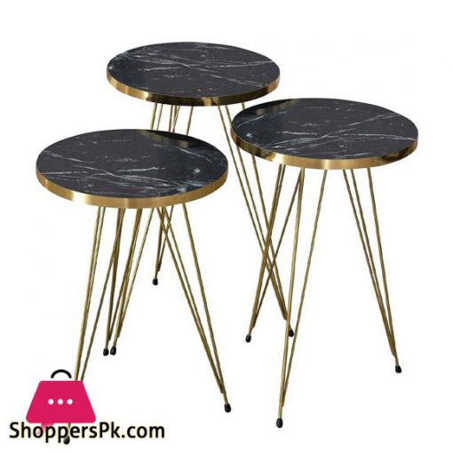 3 Pieces Table Set Top Marble Sheet With 3 Stylish Gold Legs Coffee Table