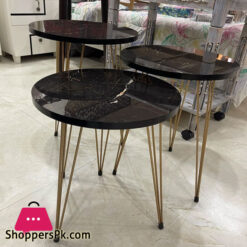 3 Pieces Table Set Top Marble Sheet With 3 Stylish Gold Legs Coffee Table