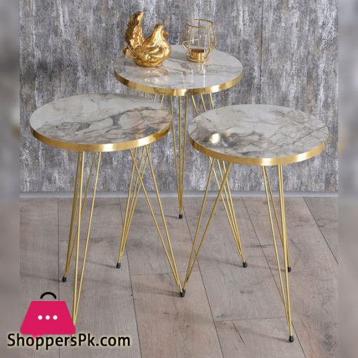 3 Pieces Table Set Top Marble Sheet With 3 Stylish Gold Legs Coffee Table