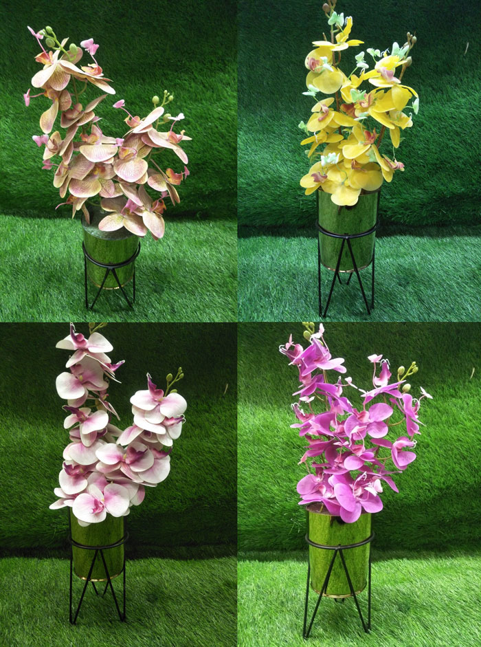 Artificial Orchid Flower Arrangements With Metal Ice Gold Pot - 15 Inch