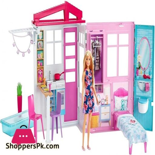 Barbie Doll and Dollhouse Portable 1 Story Playset with Pool