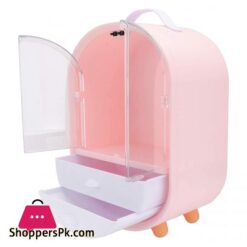 Frcolor Cosmetic Display Cases Waterproof Makeup Organizer Double Door Drawer Display Make Up Storage Holder With Handle On Countertop Pink