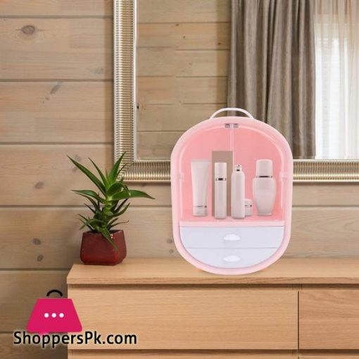 FRCOLOR Cosmetic Display Cases Waterproof Makeup Organizer Double Door Drawer Display Make up Storage Holder with Handle on Countertop Pink