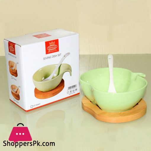 Imperial Small Fruit Bowl Set With Spoon & Wooden Base Ceramic