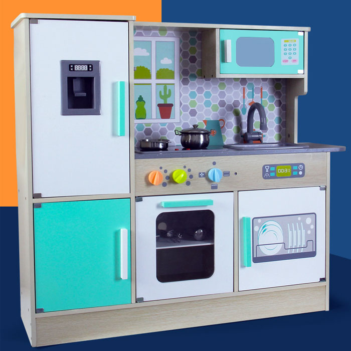 Modern Wooden Simulation Kitchen Set With Stainless Steel Kitchenware With Light And Sound