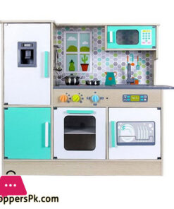 Modern Wooden Simulation Kitchen Set With Stainless Steel Kitchenware With Light And Sound