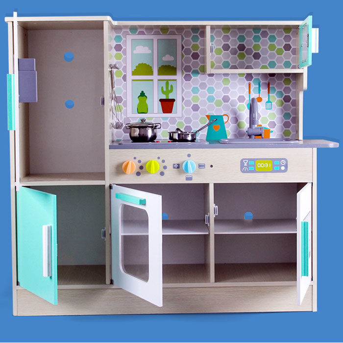 Modern Wooden Simulation Kitchen Set With Stainless Steel Kitchenware With Light And Sound