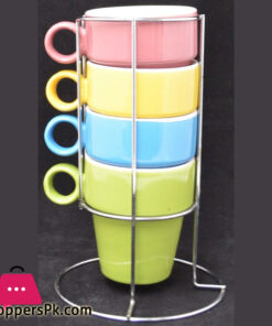 Multi Colors Expresso Mugs Stackable Cups with Rack Holder Set of 4