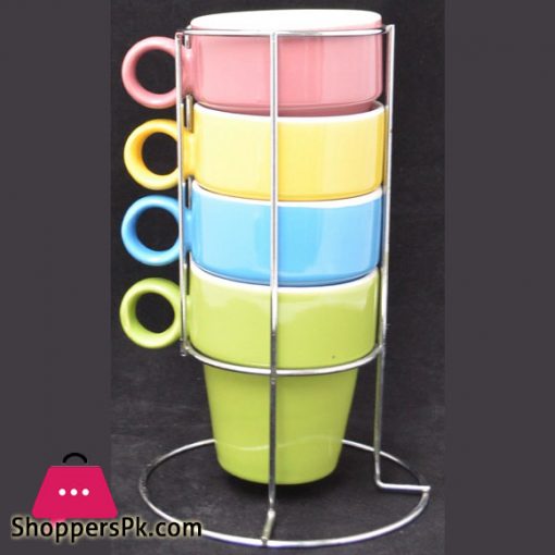 Multi Colors Expresso Mugs Stackable Cups with Rack Holder Set of 4