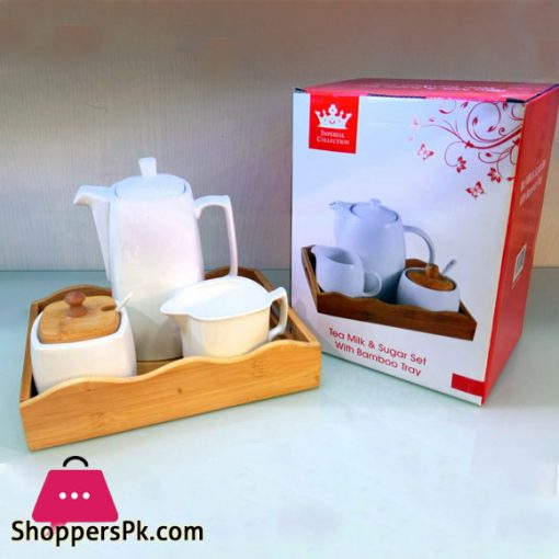 Tea Milk And Sugar Set With Bamboo Tray