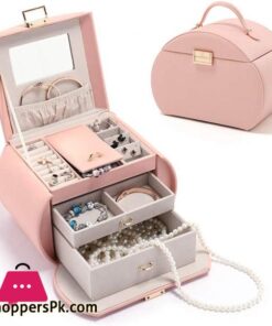 Vee Princess Style Jewelry Box with Mirror All in one Jewelry Organizer for Earring Necklace Ring Bracelet Big Capacity Jewelry Display Storage Case Pink