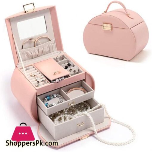 Vee Princess Style Jewelry Box with Mirror All in one Jewelry Organizer for Earring Necklace Ring Bracelet Big Capacity Jewelry Display Storage Case Pink