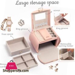 Vee Princess Style Jewelry Box With Mirror All In One Jewelry Organizer For Earring Necklace Ring Bracelet Big Capacity Jewelry Display Storage Case Pink