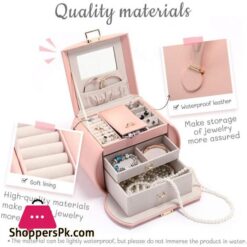 Vee Princess Style Jewelry Box With Mirror All In One Jewelry Organizer For Earring Necklace Ring Bracelet Big Capacity Jewelry Display Storage Case Pink