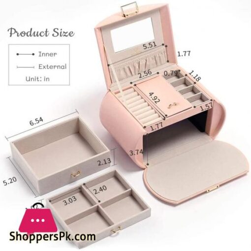 Vee Princess Style Jewelry Box with Mirror All in one Jewelry Organizer for Earring Necklace Ring Bracelet Big Capacity Jewelry Display Storage Case Pink