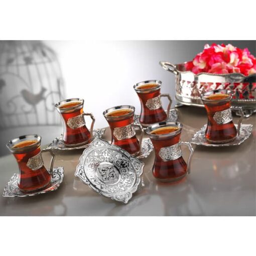 Osena Beyzade Brass Cup & Saucer Tea Set For 6 Person Silver Turkey Made - 159-K-11