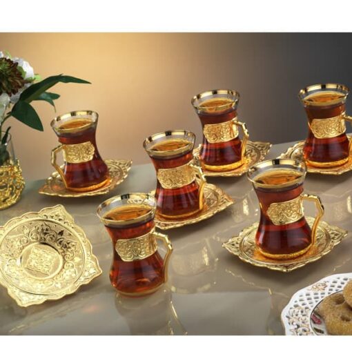Osena Beyzade Brass Cup & Saucer Tea Set For 6 Person Golden Turkey Made - 159-K-18