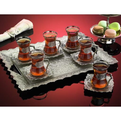 Osena Beyzade Brass Tea Set with Serving Tray Silver Turkey Made - 162-A-K-11