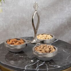 Osena Mira Burma Pewter Metal Luxury 3 Section Triple Glass Serving Bowl Set Silver - 309-K-11