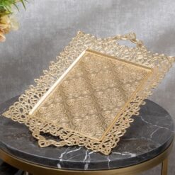 Osena Fyonk Rectangle Serving Tray Pewter Metal Turkey Made Golden 26cmX42cm - 314-4-18