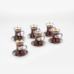 Osena Damla Brass Tea Cups Saucer Set of 6 Silver Turkey Made - 320-K-11