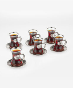 Osena Damla Brass Tea Cups Saucer Set of 6 Silver Turkey Made - 320-K-11