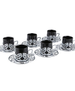 Osena Furug Leaf Designed Espresso Coffee Cups with Saucers Set of 6 Porcelain Turkey Made Arabic Greek Coffee Cup Saucer Silver - 368-K-S-01