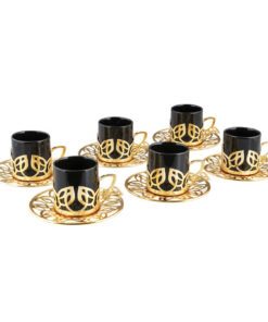 Osena Furug Leaf Designed Espresso Coffee Cups with Saucers Set of 6 Porcelain Turkey Made Arabic Greek Coffee Cup Saucer Golden - 368-K-S-18