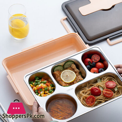 Bento Lunch Box Leak-proof Stainless Steel Lunch Containers with 5 Compartments Chopsticks Spoon for School Work