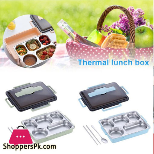 Bento Lunch Box Leak-proof Stainless Steel Lunch Containers with 5 Compartments Chopsticks Spoon for School Work
