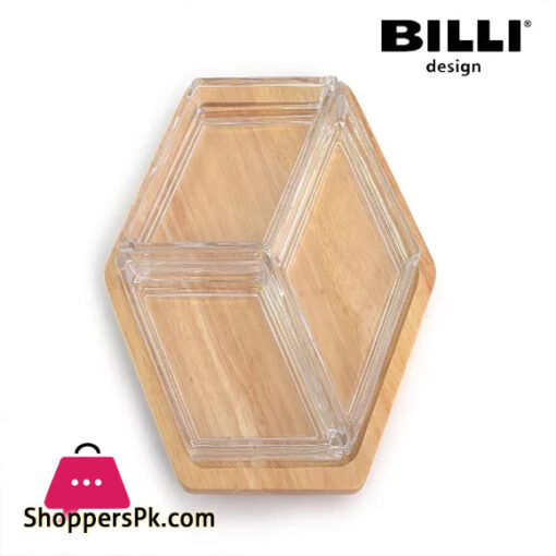 Billi 3 Section Hexagon Glass Dish With Wood Serving Tray Thailand Made - GW-HG 743