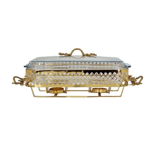 Orchid Gold Plated Brass Collection Rectangle Casserole with Glass Serving Dish Food Warmer With Tea Light Candle Stand - CD6272