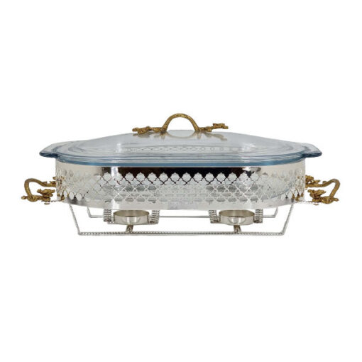 Orchid Silver Plated Brass Collection Oval Casserole with Glass Serving Dish Food Warmer With Tea Light Candle Stand - CD6273