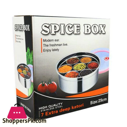 High-Quality Stainless Steel Spice Box Masala Dabba 7 Deep Katori With Box And Silicon Lids 25 Cm
