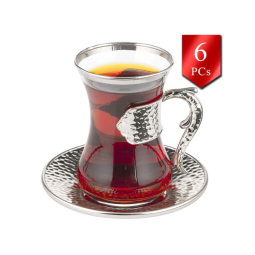 Osena Damla Brass Tea Cups Saucer Set of 6 Silver Turkey Made - 320-K-11