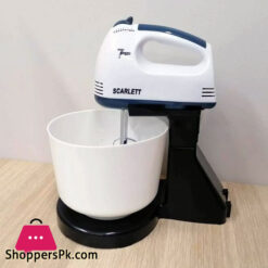 Scarlett Hand food Automatic Mixer - 7 Speed Egg Beater Flour Bread Blenders Cake Baking Home Handheld with Bowl EU Plug with Chrome Beater + Dough Hook (White, 180W)