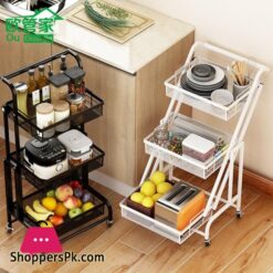 Kitchen Floor Trolley Rack Multifunctional Parallel Folding Vegetable And Fruit Storage Basket 360 Degree Rotation