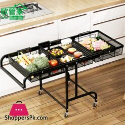 Kitchen Floor Trolley Rack Multifunctional Parallel Folding Vegetable And Fruit Storage Basket 360 Degree Rotation