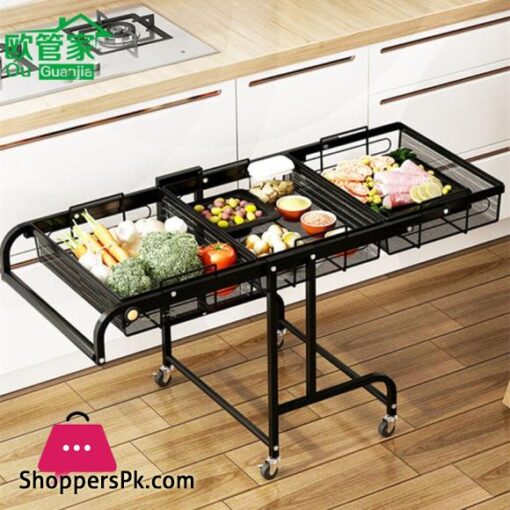 Kitchen Floor Trolley Rack Multifunctional Parallel Folding Vegetable and Fruit Storage Basket 360 Degree Rotation