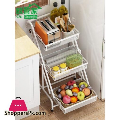 Kitchen Floor Trolley Rack Multifunctional Parallel Folding Vegetable and Fruit Storage Basket 360 Degree Rotation